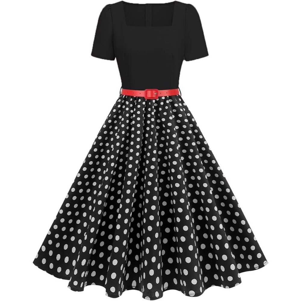 Vintage 1950s Dress Women Floral Polka Dot Swing Cocktail Party Retro